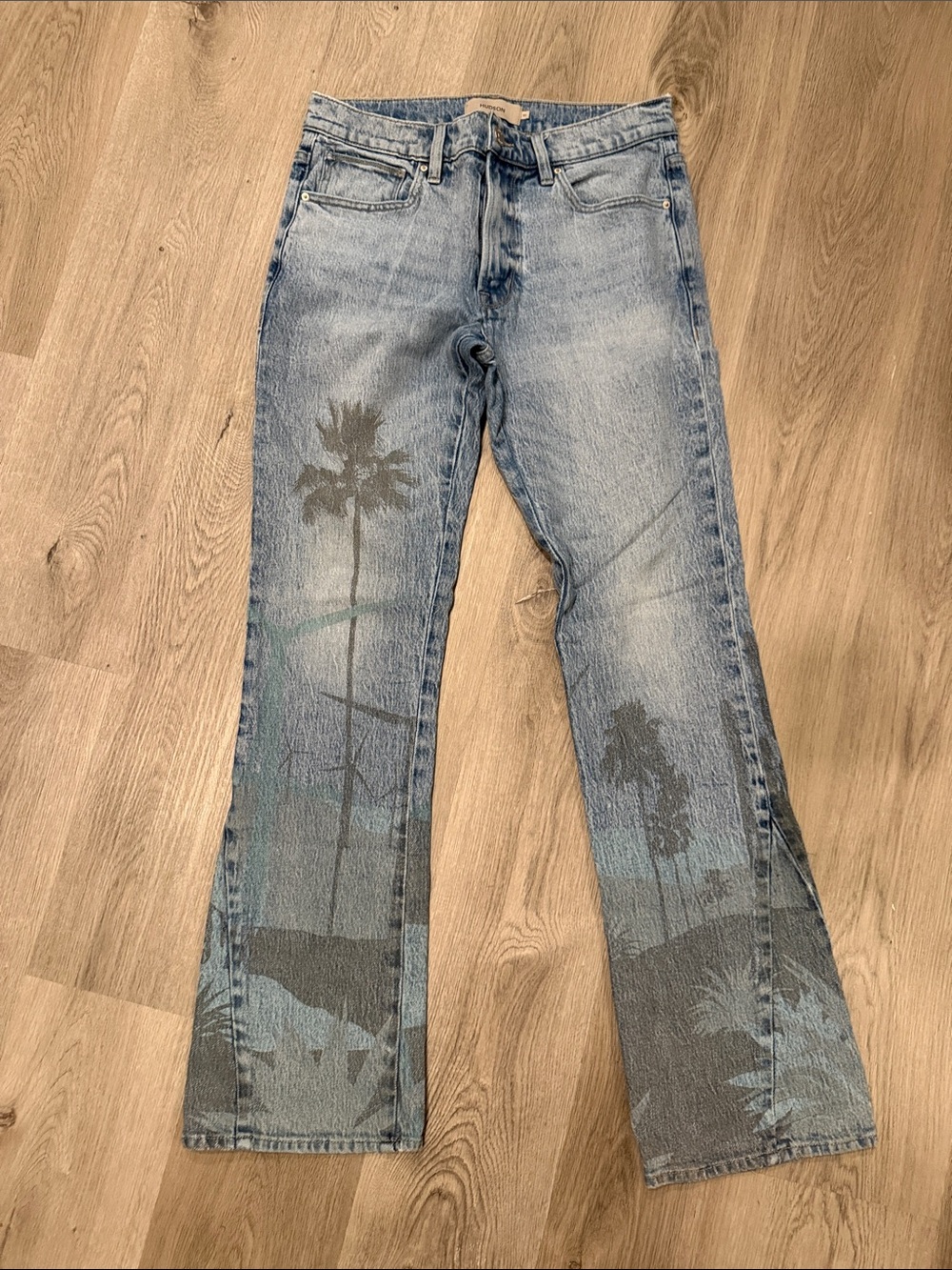 Hudson Jeans Light Blue Flare Jeans with Palm Tree Print